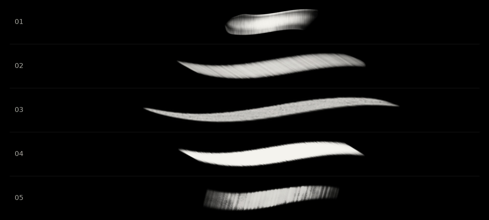 Contact sheet of all 5 MOMKN calligraphy brush strokes, numbered 01 to 05